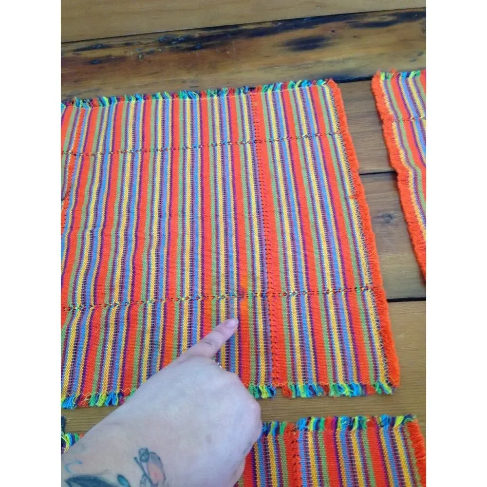 Set of 4 Colorful Woven Rainbow Fringe Cotton Ethnic Table Placemats Settings